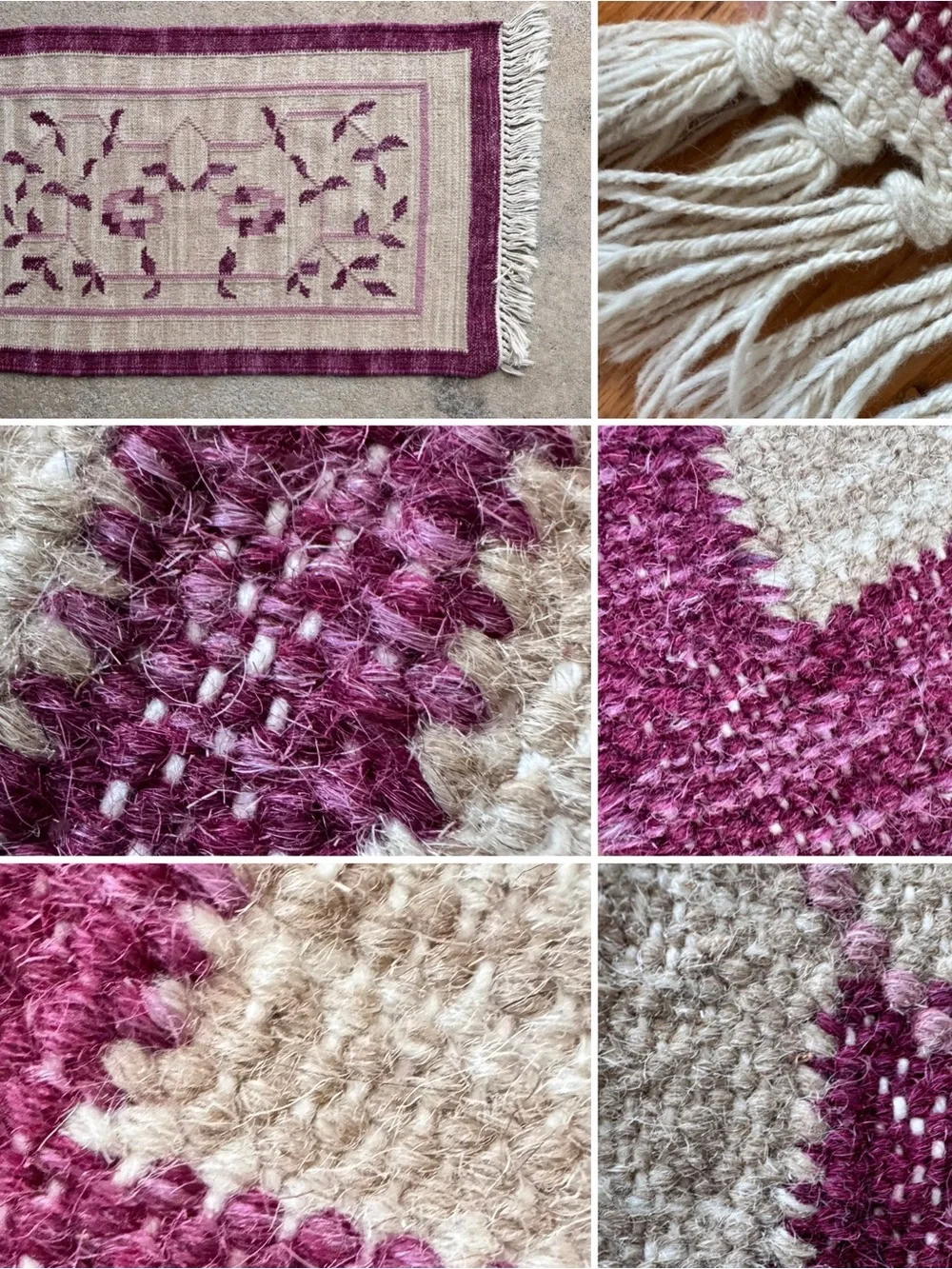 Vintage Handwoven Wool Floral Accent Rug with Fringe
